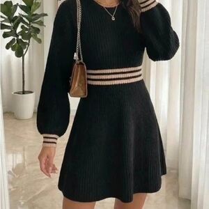 Chic Black Dress with Beige Stripes